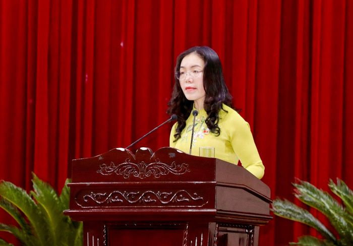 Phó Chánh Văn phòng Đoàn ĐBQH và HĐND tỉnh, Thư ký kỳ họp Nguyễn Thị Anh Hoa trình bày các dự thảo nghị quyết