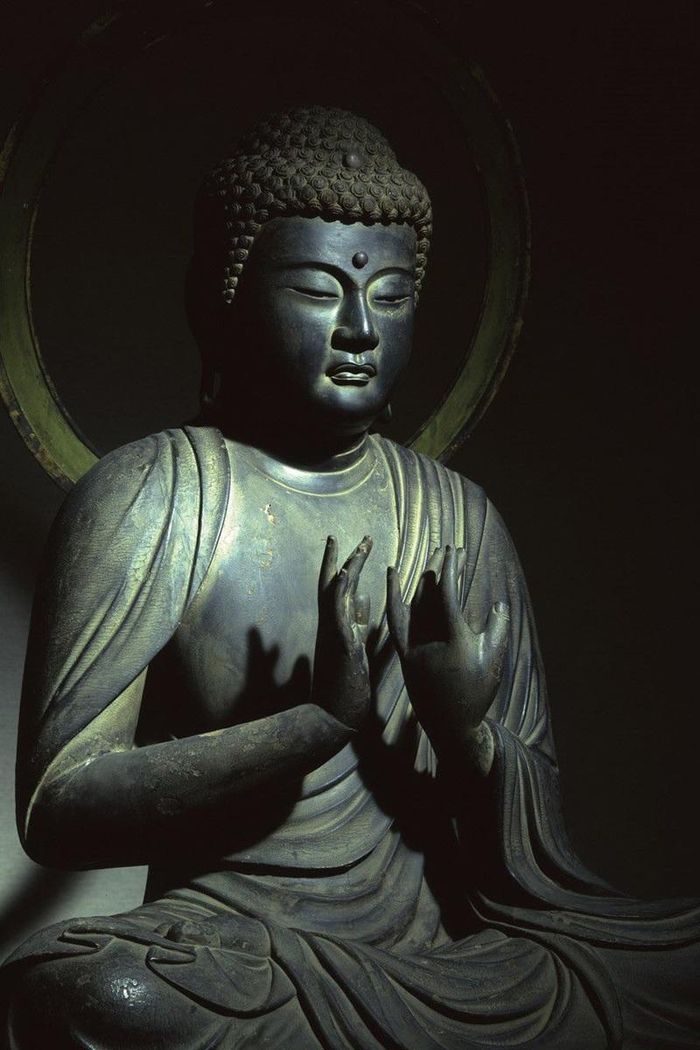 Tượng Đức Phật Thích Ca Mâu Ni tại chùa Gokurakuji, nổi bật với ấn Chuyển Pháp Luân (Dharmacakra Mudrā) hiếm gặp; bàn tay trái được tạo hình hơi xoay khác thường. (Ảnh: Harada Hiroshi)