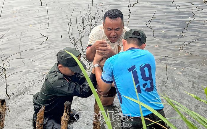Cán bộ, chiến sĩ Tiểu đoàn 4 cùng lực lượng địa phương đóng cừ gia cố bờ kè, bảo vệ tuyến đường và đất sản xuất của người dân.