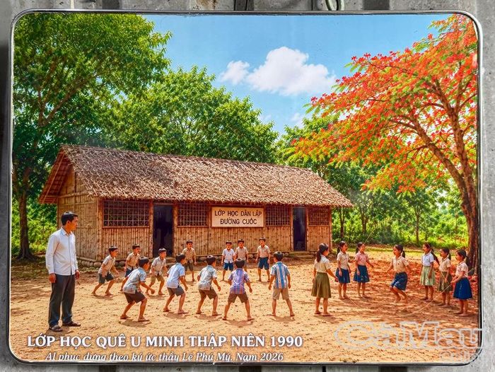 Từ ký ức về mái trường những năm 1990, ông Lê Phú Mỹ sử dụng AI để tái hiện bức tranh rồi in, rửa ảnh và treo trong nhà.