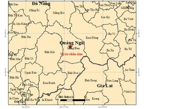 Bản đồ chấn tâm trận động đất xảy ra tại xã Măng Đen, tỉnh Quảng Ngãi sáng 12/7. Ảnh: Trung tâm Báo tin động đất và Cảnh báo sóng thần.