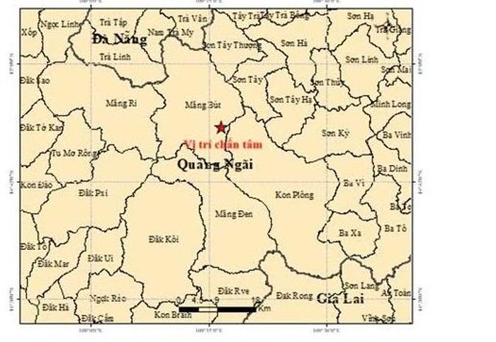 Bản đồ chấn tâm trận động đất xảy ra tại xã Măng Bút, tỉnh Quảng Ngãi ngày 14/7. Ảnh: Trung tâm Báo tin động đất và Cảnh báo sóng thần.
