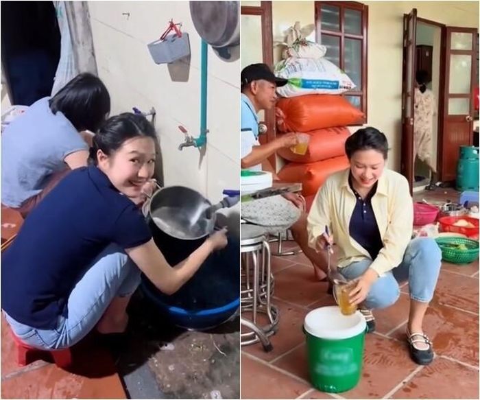 Người đẹp cũng vui vẻ và hết sức giản dị khi rửa bát hay chăm sóc mọi người xung quanh qua những cốc nước mát.