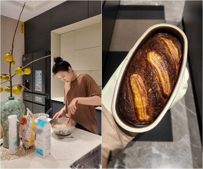 Trong một đoạn clip chia sẻ trên TikTok, Doãn Hải My đã ghi lại chi tiết quá trình cô tự tay thực hiện món bánh chuối nướng tại nhà. Hải My chuẩn bị nguyên liệu khá kỹ lưỡng với bột mì, trứng, sữa và tất nhiên không thể thiếu những quả chuối chín.
