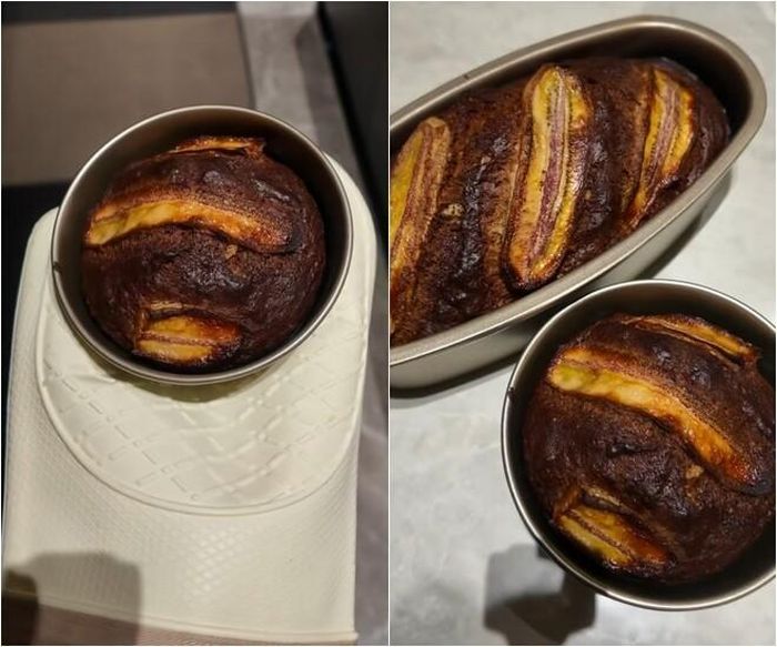 Cô thực hiện các thao tác từ khâu nghiền chuối, trộn bột bằng phới dẹt một cách đều tay cho đến khi hỗn hợp mịn đều. Thành quả sau khi ra lò là những ổ bánh chuối nướng có màu nâu vàng đẹp mắt, nở đều, với lớp chuối trang trí phía trên chín tới, trông vô cùng hấp dẫn và ngon mắt.
