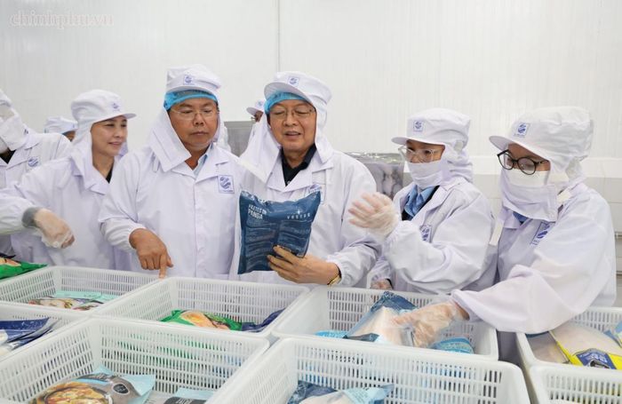 Phó Thủ tướng Hồ Quốc Dũng thăm quy trình sản xuất của Công ty Cổ phần Xuất nhập khẩu thủy sản Cửu Long An Giang. Ảnh: VGP