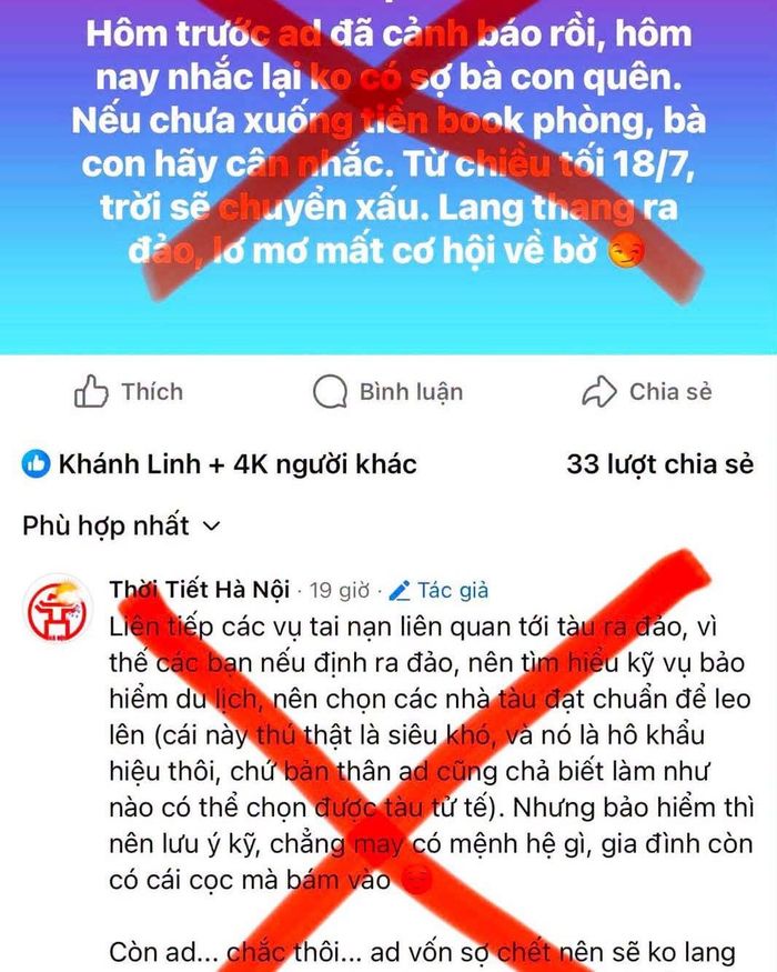 Nội dung fanpage Thời Tiết Hà Nội từng đăng tải gây hoang mang dư luận.