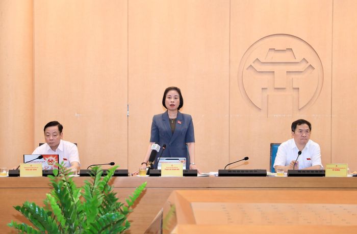 Bà Phạm Thị Thanh Mai, Phó Chủ tịch HĐND thành phố Hà Nội phát biểu tại phiên thảo luận tổ. (Ảnh: HĐND TP Hà Nội)