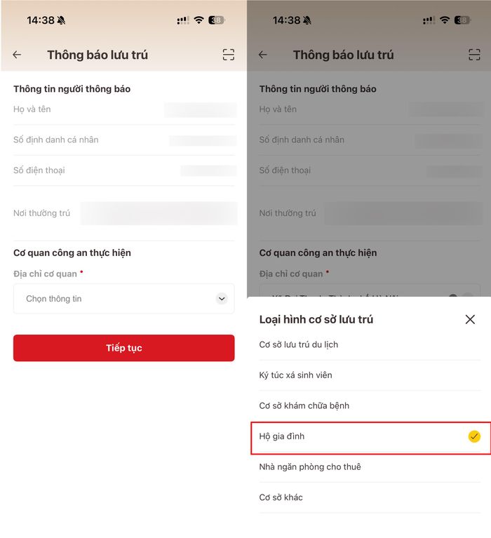 Bước 3: Nhập các mục thông tin theo yêu cầu của hệ thống. Những nội dung có đánh dấu * màu đỏ là bắt buộc khai báo. Tại bước này, ở mục “Cơ quan công an thực hiện”, người khai báo chọn thông tin cơ quan công an tại địa phương nơi lưu trú. Ở phần “Loại hình cơ sở lưu trú”, nếu là hộ gia đình không kinh doanh dịch vụ này, hãy chọn “Hộ gia đình”.