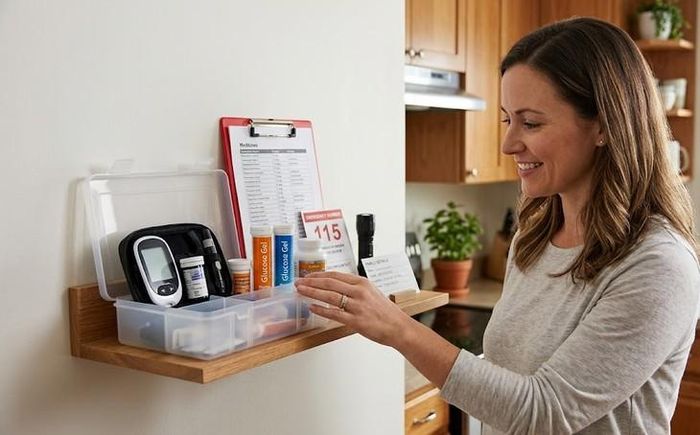 Gia đình nên chuẩn bị máy đo đường huyết, nguồn đường hấp thu nhanh, danh sách thuốc và số cấp cứu tại vị trí dễ tìm trong nhà. Hình minh họa