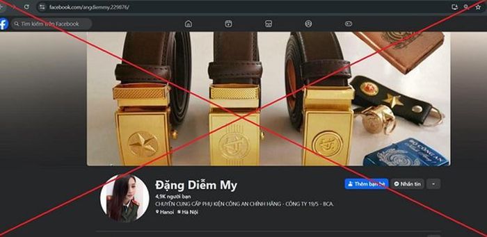 Tài khoản Facebook được Đ.T.T sử dụng để đăng tải hình ảnh, rao bán các sản phẩm giống quân trang, quân dụng của lực lượng CAND. Ảnh: Công an TP Hà Nội.