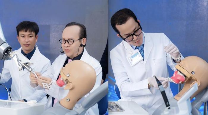 TS.BS Võ Văn Nhân cùng cộng sự trình diễn quy trình cấy ghép Implant bằng Robot YakeBot và phục hình răng tức thì trên mẫu hàm, hoàn tất chỉ trong 1 giờ ngay tại sự kiện.
