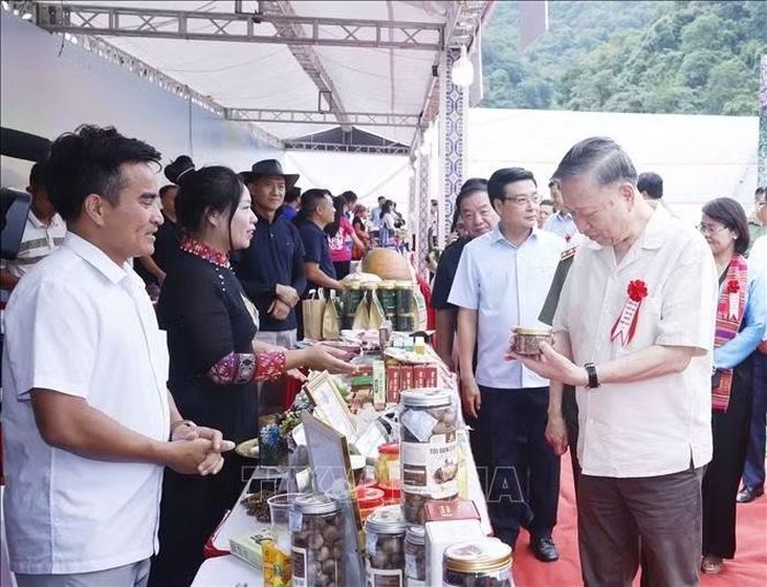 Tổng Bí thư, Chủ tịch nước Tô Lâm xem trưng bày các sản phẩm tại Ngày hội Toàn dân bảo vệ an ninh Tổ quốc năm 2026 tại bản Lóng Luông, xã Vân Hồ, tỉnh Sơn La. Ảnh: Thống Nhất/TTXVN