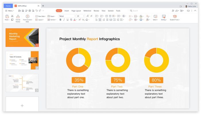  WPS Office Presentation có giao diện tương đồng Microsoft PowerPoint, hỗ trợ tạo và chỉnh sửa các bài thuyết trình trên nhiều nền tảng. Ảnh: WPS Office. 