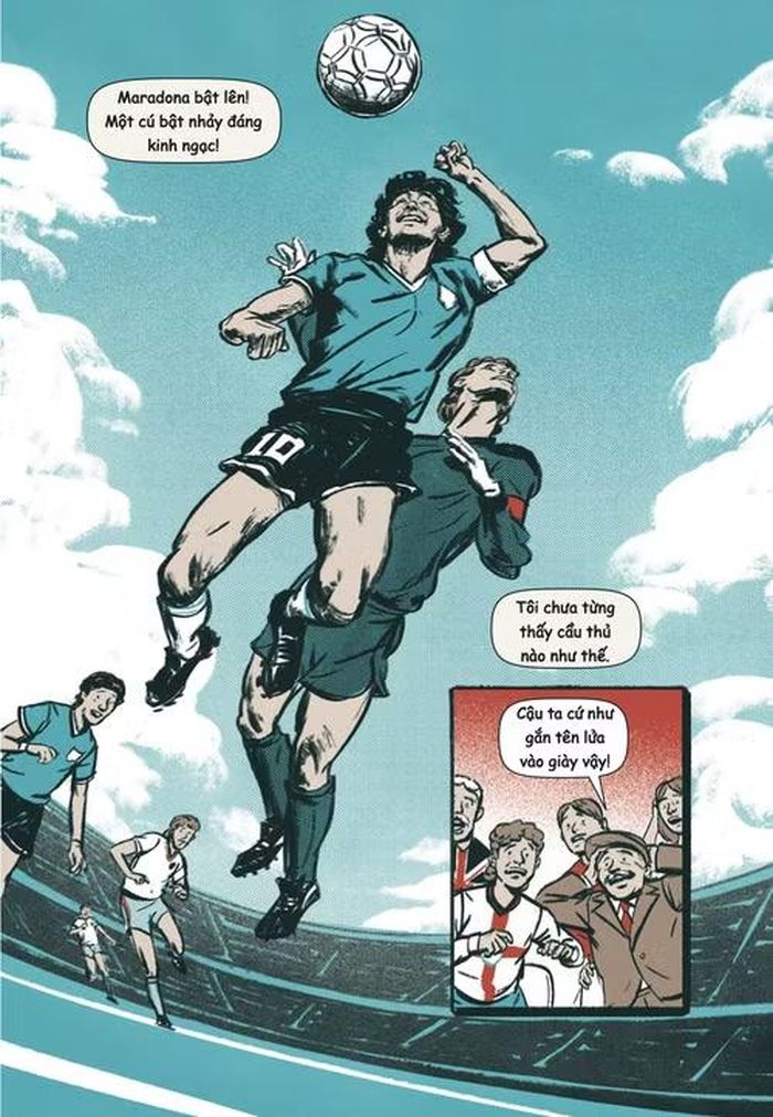Hình minh họa pha ghi bàn bằng tay của Maradona, trích từ cuốn "Lionel Messi: Đỉnh cao World Cup". Hình ảnh được đơn vị giữ bản quyền cho phép sử dụng.