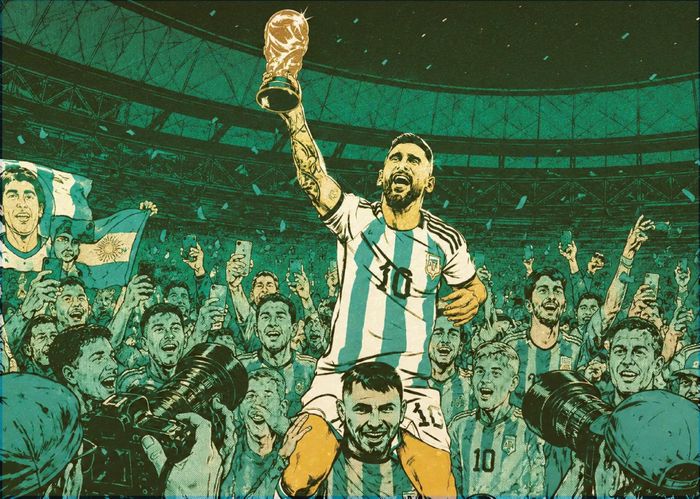 Messi cùng Argentina lên ngôi vô địch World Cup 2022. Hình ảnh trích từ cuốn "Lionel Messi: Đỉnh cao World Cup", được đơn vị giữ bản quyền cho phép sử dụng.