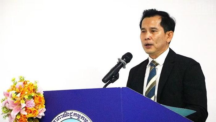 Phó Chủ tịch Phòng Thương mại Campuchia Tan Monivann phát biểu khai mạc sự kiện. (Ảnh: HUY VŨ)
