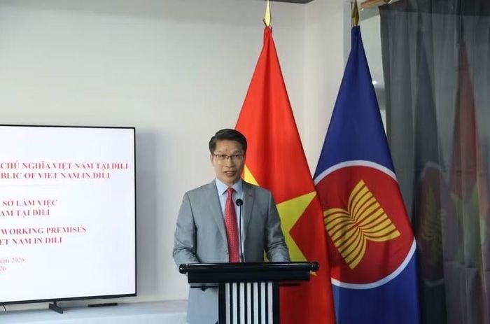 Đại biện Phạm Bình Đàm phát biểu tại Lễ khai trương Đại sứ quán Việt Nam tại Timor-Leste. (Ảnh: Đại sứ quán Việt Nam tại tại Timor-Leste cung cấp)