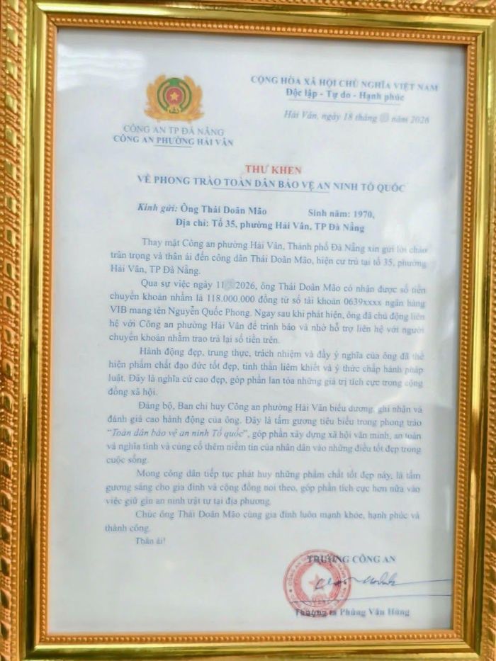 Thư khen của Công an phường Hải Vân đối với công dân Thái Doãn Mão trong phong trào toàn dân bảo vệ an ninh Tổ quốc.