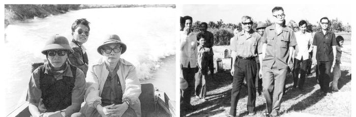Sau ngày 30-4-1975, đồng chí Võ Văn Kiệt và đồng chí Trần Bạch Đằng về thăm lại căn cứ cũ, chiến trường xưa tại huyện Mỏ Cày Bắc, tỉnh Bến Tre (nay là tỉnh Vĩnh Long). Ảnh: TƯ LIỆU