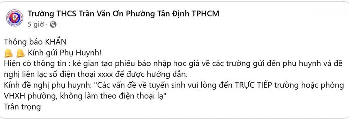 Thông báo cảnh báo phụ huynh về các thủ đoạn lừa đảo liên quan tuyển sinh đầu cấp năm nay