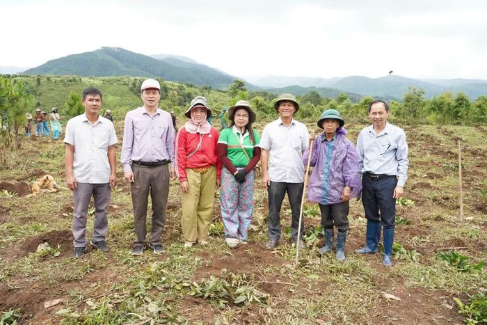 Bệnh binh A Thắm (mặc áo mưa tím) thỏa ước nguyện trồng 1000 cây cà phê giống.