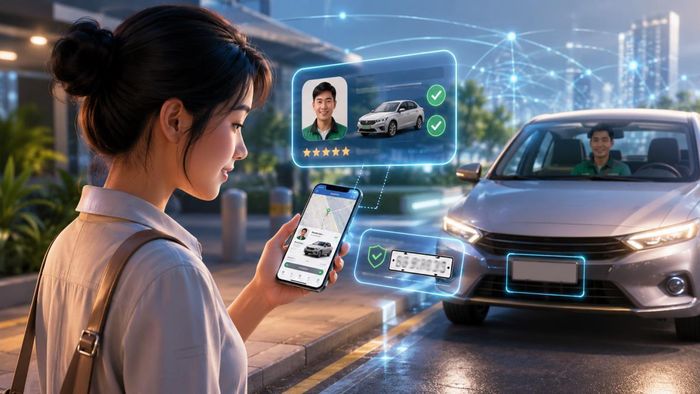 Hành khách kiểm tra kỹ thông tin biển số xe và ảnh tài xế trên ứng dụng trước khi lên xe để bảo đảm an toàn. Đồ họa: Thái Bình