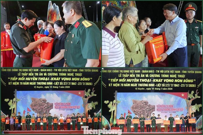 Ban tổ chức chương trình và các nhà đồng hành trao tặng các phần quà thiết thực gửi tới gia đình chính sách và các em học sinh.