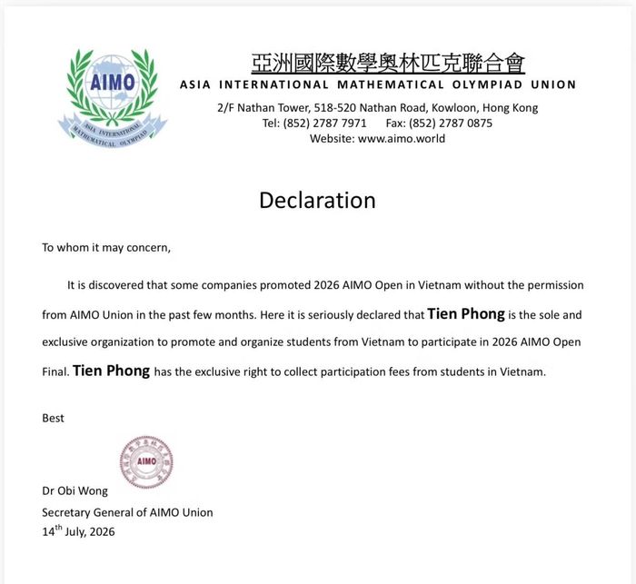 AIMO quốc tế xác nhận Tiền Phong là đơn vị duy nhất tổ chức học sinh Việt Nam tham dự Vòng Chung kết AIMO Open 2026.