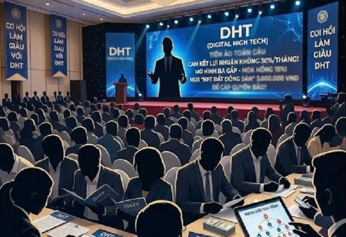 Hai đối tượng tổ chức nhiều hội thảo, sự kiện quảng bá dự án tiền ảo DHT nhằm lôi kéo người tham gia để lừa đảo. (Ảnh minh họa)
