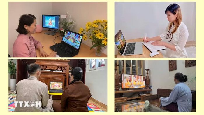 Chị Hoàng Thị Minh Phương (hàng trên bên trái), chị Vũ Thị Duyên (hàng trên bên phải), vợ chồng anh Lê Quốc Huy và chị Tạ Thị Loan (hàng dưới bên trái), bà Trần Thị Hà (hàng dưới bên phải) nghe giảng Pháp trực tuyến. (Nguồn: TTXVN)