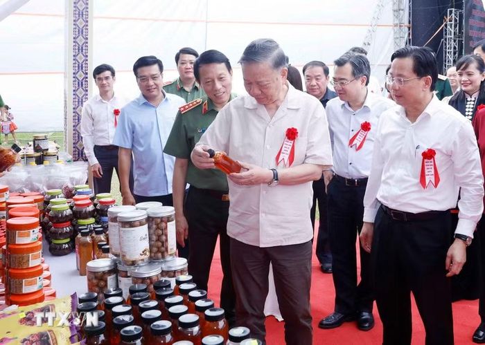 Tổng Bí thư, Chủ tịch nước Tô Lâm xem trưng bày các sản phẩm tại Ngày hội Toàn dân bảo vệ an ninh Tổ quốc năm 2026 tại bản Lóng Luông, xã Vân Hồ, tỉnh Sơn La. (Ảnh: Thống Nhất/TTXVN)