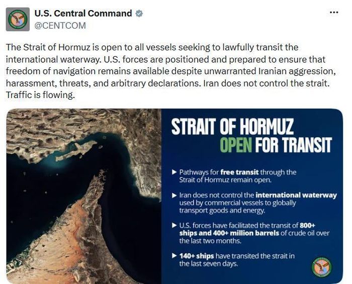 Ảnh chụp màn hình tuyên bố của CENTCOM về eo biển Hormuz.