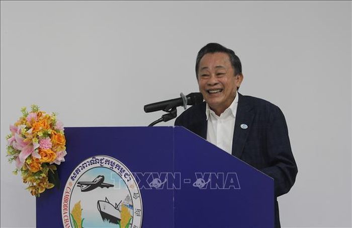 Ông Oknha Leng Rithy, Chủ tịch Hiệp hội Doanh nghiệp Việt Nam - Campuchia (VCBA) phát biểu tại hội thảo. Ảnh: Minh Hưng/PV TTXVN tại Campuchia