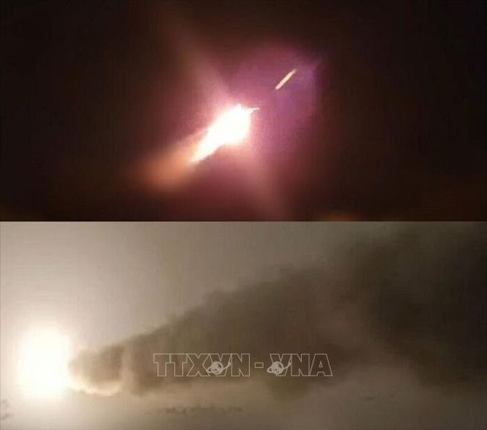 Quân đội Iran tuyên bố sử dụng thiết bị bay không người lái tấn công các hệ thống thông tin liên lạc, kho nhiên liệu, hệ thống phòng không Patriot, tháp điều khiển và kho đạn của lực lượng Mỹ tại Kuwait. Ảnh: IRNA/TTXVN phát