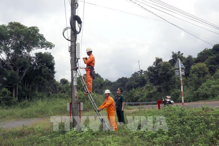 Nhân viên quản lý vận hành đường dây thuộc Điện lực Tuy Đức (Công ty Điện lực Lâm Đồng) kiểm tra vận hành lưới điện tại xã biên giới Quảng Trực, (tỉnh Lâm Đồng). Ảnh Thanh Vũ - TTXVN