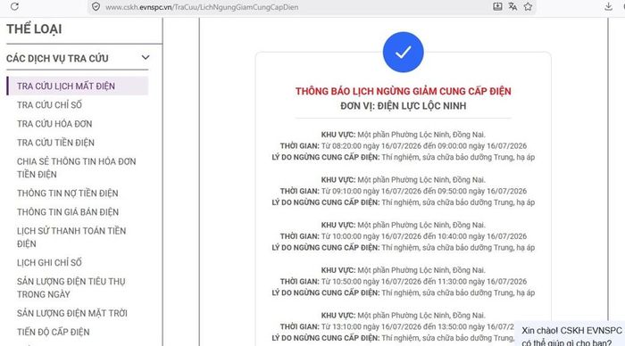 Lịch ngừng cấp điện tại Đồng Nai ngày mai 16/7 được cập nhật trên website của EVNSPC lúc 10h20 ngày 15/7. Ảnh: BNEWS phát