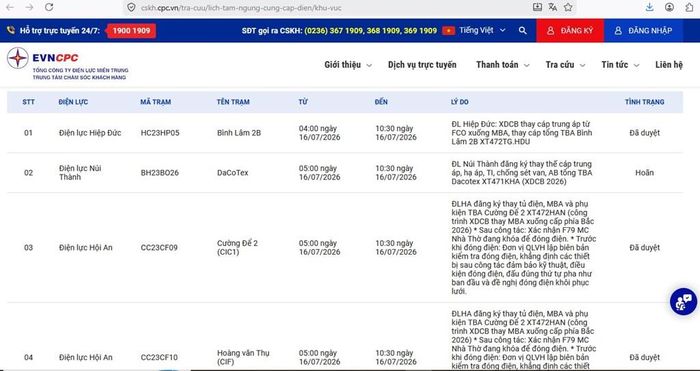 Lịch tạm ngừng cung cấp điện Đà Nẵng ngày mai 16/7 cập nhật trên website của Điện lực miền Trung lúc 9h53 ngày 15/7. Ảnh: BNEWS