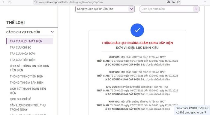 Lịch ngừng cấp điện tại Cần Thơ ngày mai 16/7 được cập nhật trên website của EVNSPC lúc 10h05. Ảnh: BNEWS phát