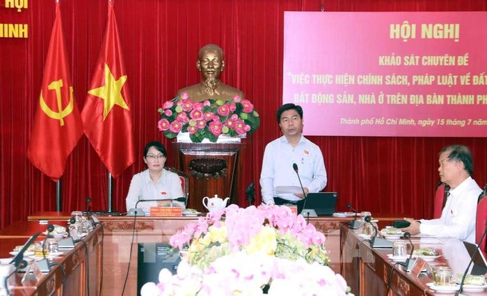 Ổng Võ Hoàng Ngân, Phó Trưởng đoàn chuyên trách Đoàn ĐBQH Thành phố Hồ Chí Minh, Trưởng Đoàn khảo sát, chủ trì Hội nghị. Ảnh: Xuân Khu - TTXVN