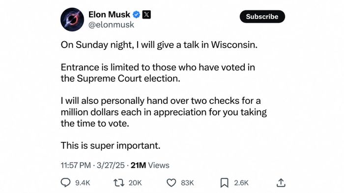 Ông Musk thông báo sẽ trao hai tấm séc trị giá 1 triệu USD cho cử tri tham dự buổi gặp gỡ tại bang Wisconsin.