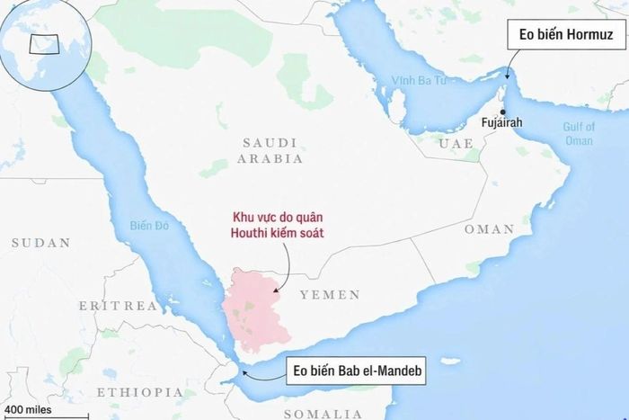 Bản đồ minh họa vị trí eo biển Bab el-Mandeb và Hormuz . Lực lượng Houthi tại Yemen cảnh báo sẽ đóng cửa eo biển Bab al-Mandeb, làm dấy lên nguy cơ phong tỏa kép hai tuyến hàng hải huyết mạch của thế giới. Ảnh: Telegraph.