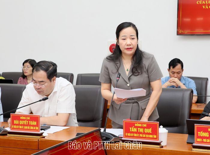 Đồng chí Tẩn Thị Quế - Ủy viên Ban Thường vụ Tỉnh ủy, Phó Chủ tịch Thường trực HĐND tỉnh phát biểu ý kiến tại cuộc họp.