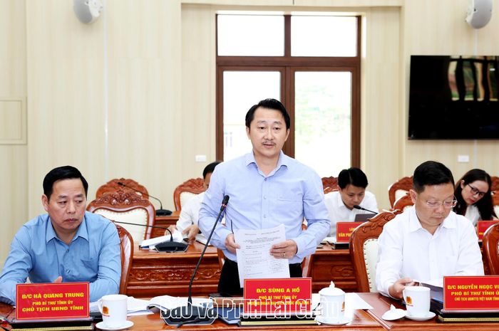 Đồng chí Sùng A Hồ - Phó Bí thư Tỉnh ủy, Trưởng Đoàn Đại biểu Quốc hội tỉnh phát biểu tại buổi làm việc.