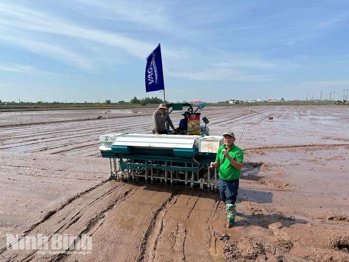 Mô hình máy sạ cụm định vị kết hợp vùi phân bón đang được triển khai thí điểm tại xã Nghĩa Sơn vụ Mùa 2026. Ảnh: Nguyễn Lựu