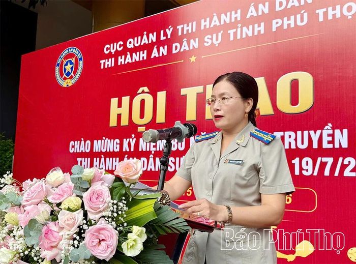 Đồng chí Nguyễn Thị Kim Yến, Trưởng Thi hành án dân sự tỉnh Phú Thọ phát biểu khai mạc Giải thể thao.
