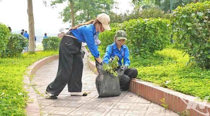 Lực lượng thanh niên tình nguyện tham gia dọn vệ sinh môi trường.