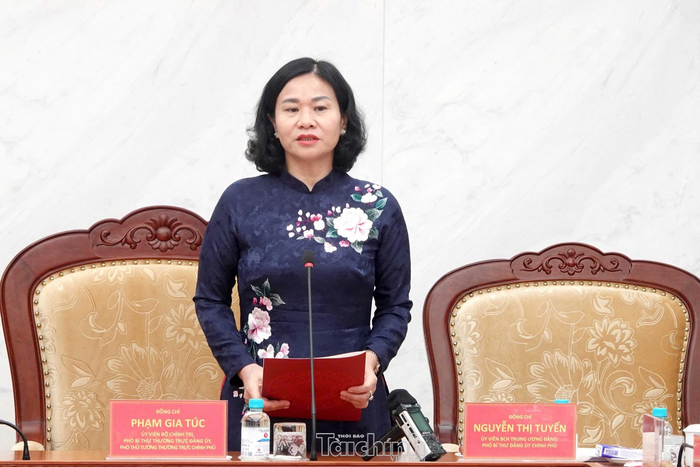 Đồng chí Nguyễn Thị Tuyến - Ủy viên Trung ương Đảng, Phó Bí thư Đảng ủy Chính phủ phát biểu tại hội nghị. Ảnh: Đức Minh