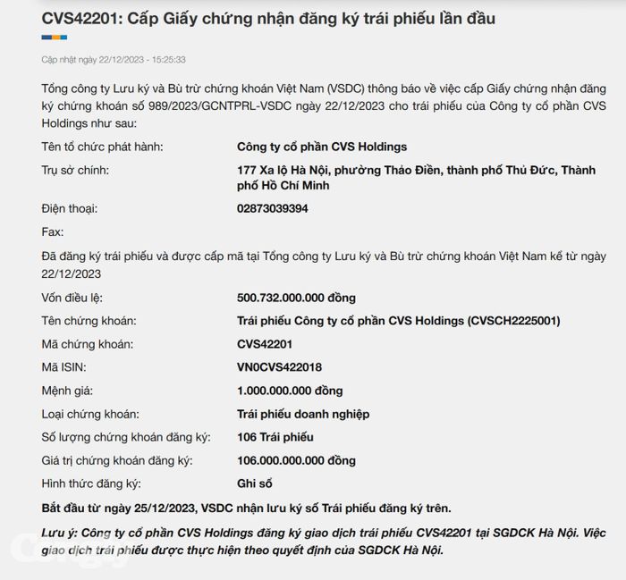 Giấy chưng nhận đăng ký lô trái phiếu trị giá 106 tỷ đồng của CVS