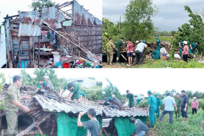 Công an xã Tân Hưng cùng chính quyền địa phương giúp đỡ hộ dân dọn dẹp nhà cửa bị hư hỏng do dông lốc gây ra.